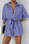 casual plus size non-stretch stripe print single-breasted with belt playsuit_Black_Red_Blue