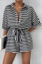 casual plus size non-stretch stripe print single-breasted with belt playsuit_Black