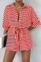 casual plus size non-stretch stripe print single-breasted with belt playsuit_Black_Red