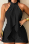 stylish plus size non-stretch tatting 3 colors halter-neck lace-up playsuit_Black