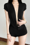 sexy slight stretch deep v-neck solid color playsuit_Black