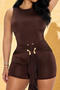 casual plus size slight stretch solid color slim sleeveless shirring playsuit_Black_Dark Green_Brown
