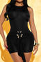casual plus size slight stretch solid color slim sleeveless shirring playsuit_Black