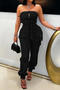 stylish plus size non-stretch tube top multiple pockets cargo jumpsuit with belt_Black