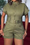 stylish plus size non-stretch solid single breasted cargo playsuit with belt_Black_Dark Green
