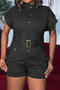 stylish plus size non-stretch solid single breasted cargo playsuit with belt_Black