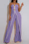 stylish plus size slight stretch tube top fake two-piece design jumpsuit_Black_White_Light Purple
