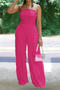 stylish plus size slight stretch tube top wrinkle fabric wide leg jumpsuit_Black_White_Magenta