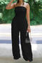 stylish plus size slight stretch tube top wrinkle fabric wide leg jumpsuit_Black