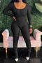 casual plus size slight stretch solid color tight long sleeves playsuit_Black