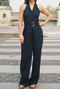 casual non-stretch halter-neck solid color with belt jumpsuit_Dark Blue