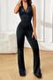 casual slight stretch v-neck lace patchwork slim-fit jumpsuit_Black