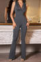casual slight stretch v-neck lace patchwork slim-fit jumpsuit_Black_Gray