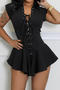 sexy plus size slight stretch solid color slim lace up playsuit_Black