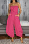 casual plus-size non-stretch solid color tube top wide-leg jumpsuit_Black_Magenta
