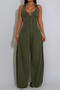 casual plus size non-stretch solid color sleeveless wide-leg jumpsuit_Black_Dark Green