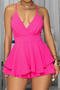sexy plus size slight stretch solid color wrinkle fabric backless playsuit_Black_Magenta