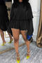 stylish plus size non-stretch chiffon lantern sleeve pleated playsuit_Black