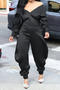 casual plus size slight stretch simple 5-colors solid color v-neck jumpsuit_Black