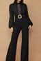 stylish plus size slight stretch 5 colors lace stitching with belt jumpsuit_Black