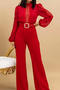 stylish plus size slight stretch 5 colors lace stitching with belt jumpsuit_Black_Pink_Red