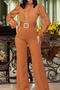 stylish plus size slight stretch pure colour lace stitching with belt jumpsuit_Rose Red_Brown