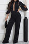 stylish plus size slight stretch mesh stitching three-quarter sleeve jumpsuit_Black