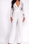 stylish plus size slight stretch see through lace stitching v-neck jumpsuit_Black_White