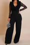 stylish plus size slight stretch see through mesh stitching v-neck jumpsuit_Black