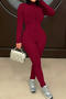 casual plus size slight stretch 4-colors solid color slim zip-up jumpsuit_Black_Gray_Red