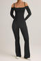 casual slight stretch solid color slim-fit sling long-sleeved jumpsuit_Black
