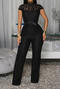 casual plus size slight stretch solid color lace jumpsuit with belt_Black