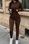 casual slight stretch 5 colors crew neck slim jumpsuit_Black_Gray_Green_Beige_Brown