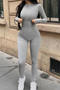 casual slight stretch 5 colors crew neck slim jumpsuit_Black_Gray