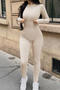 casual slight stretch 5 colors crew neck slim jumpsuit_Black_Gray_Green_Beige