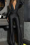 casual slight stretch solid color slim fit pleated long sleeve v-neck jumpsuit_Black