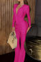 casual slight stretch solid color slim fit pleated long sleeve v-neck jumpsuit_Black_Magenta