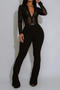 sexy plus size slight stretch see-through mesh stitching slim jumpsuit with belt_Black