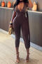 sexy slight stretch solid color deep v neck large backless tight jumpsuit_Black_Reddish Brown