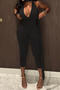 sexy slight stretch solid color deep v neck large backless tight jumpsuit_Black