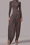 casual slight stretch crew neck solid color zip-up jumpsuit_Dark Gray_Brown