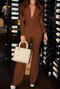 casual slight stretch deep v-neck solid color shirring jumpsuit_White_Brown