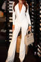 casual slight stretch deep v-neck solid color shirring jumpsuit_White