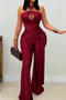 casual plus size slight stretch solid color halter neck slim fit flared jumpsuit_Black_Rose Red