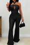 casual plus size slight stretch solid color halter neck slim fit flared jumpsuit_Black