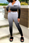 autumn new plus size letter gradient printing stretch hooded zip-up stylish sports skinny two-piece set_Black