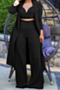 autumn new plus size solid color stretch halter-neck vest wide-leg pants with suit-collar cardigan stylish three-piece set_Black