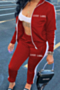 autumn plus size six colors “lucky label” letter embroidered spliced stretch zip-up casual stylish two-piece set_Black_Red