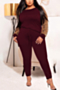 xl-5xl autumn new four colors leopard spliced stretch tie-waist casual minimalist two-piece set_Black_Dark Green_Rose Red
