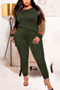xl-5xl autumn new four colors leopard spliced stretch tie-waist casual minimalist two-piece set_Black_Dark Green
